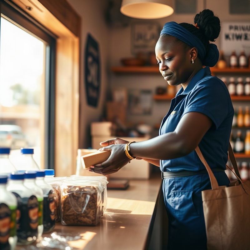 Kenyan small business owner handing over a packaged product at a bright Nairobi counter